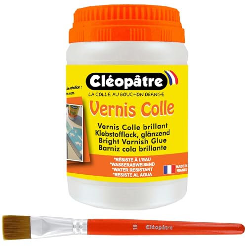 CLEOPATRE – Vernis Colle Transparent Brillant 250g avec Pinceau Brosse Plate – Tous Supports – Loisirs Créatifs - Fabrication Française