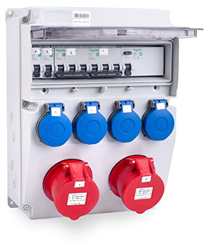 Tableau de distribution électrique de chantier MIDORI | Répartiteur de prises CEE complet 4020 Plus avec 2x 16A / 5P, 4x 230V de HAGER selon IP44 | Distributeur mural avec disjoncteur FI