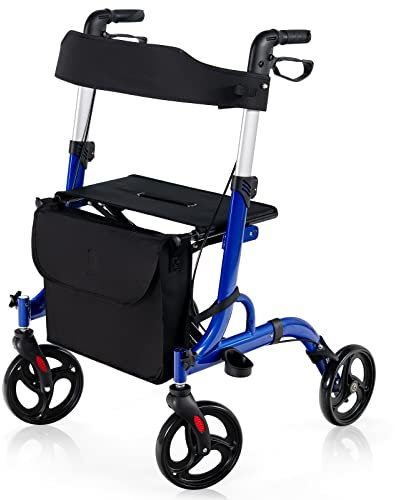 GYMAX Rollator Walkers, 4 Wheels Folding Medical Walking Aid with Seats, Adjustable Handle and Storage Bag, Lightweight Walking Frame for The Elderly & Disabled (Blue)