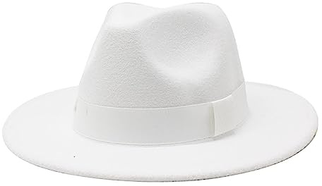 SRTUMEY Chapeaux Fedora pour femmes et hommes, Chapeau Fedora à large bord avec ruban solide et style Panama pour femmes et hommes, Chapeau britannique de style Jazz pour hommes, Blanc, M