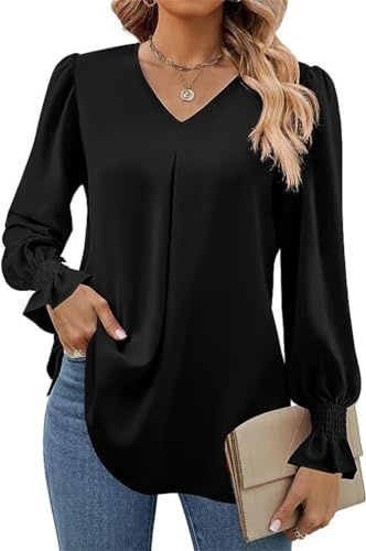 Tomwell Blouse Femme Automne Chemisier en Mousseline de Soie Élégant Haut à Manches Longues Col V Tunique Fluide T-Shirt Couleur Unie Blouse Plissé Casual Femme Chic A Noir XXL