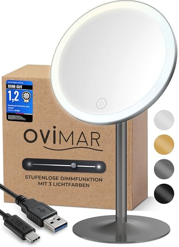 ovimar Sminkspegel Larstind Gunmetal | med belysning | uppladdningsbar | fristående | i badrummet | 5 x förstoringsspegel | sminkspegel med ljus | 360 graders spegel