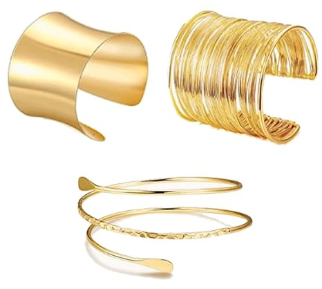 YSBCNK 3Pcs Gold Bangle and Arm Cuff Set - Open Metal Wire Bracelet Set for Women and Girls - Indian Style Jewelry