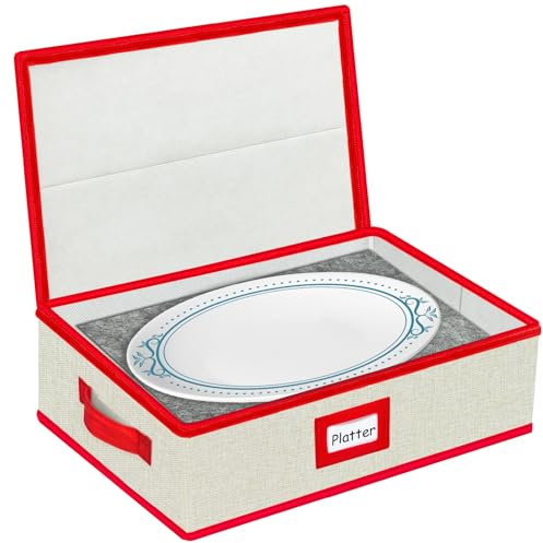 VERONLY Fish Plate Storage Box with Lid- Fish Platter Case, Hard Shell Fish Dish container with Sturdy Metal Zipper, Reinforced Handle, and Clear Label Window for Holiday. 41x32x13cm(Beige&Red)