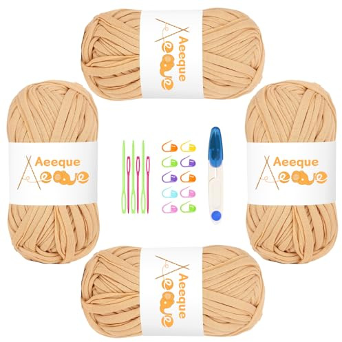 Aeeque 4 x 100g Tshirt Garn, T-shirt Garn zum Häkeln und Stricken, Bändchengarn für Körbe,Dicke Häkelgarn für Häkeltaschen, Teppiche, Mütze, Khaki