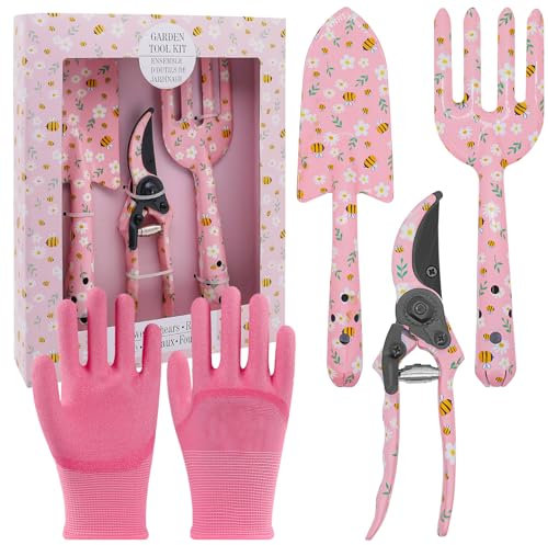 weiclianhp Gartenwerkzeug Set, 4 Stück Gartengeräte mit Geschenkverpackung, Gartenzubehör mit Handschuhe, Gartenschaufel, Gartenschere, Gartenkralle für Frauen für Gartenliebhaber