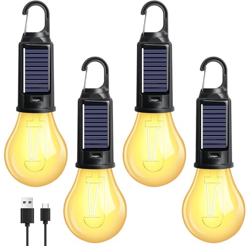 Lot de 4 lampes de camping : lampe de camping rechargeable, lanterne de camping LED, lumière de camping avec mousqueton, luminosité réglable 3 modes d'éclairage, lampe de camping étanche, lampe de