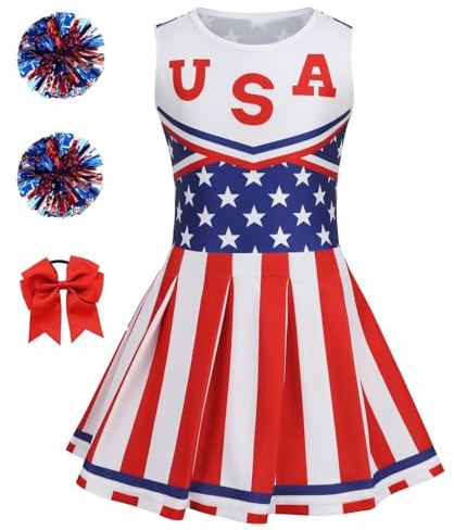 HAPNBCELE Cheerleader Costume for Girls 4th of July Cheerleading Outfit American Flag Cheer Dress Uniform with Hair Tie and 2 Pom Poms Halloween Christmas School Party (Stripe Red, 4-5 Years)