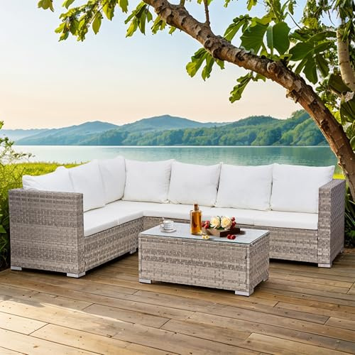 Aweather 6 Seater Rattan Corner Sofa Set Rattan Garden Furniture Set with Modern Glass Coffee Table and Washable Cushions (Cream)