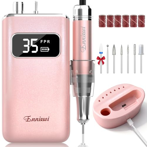 Enniewi 7-in-1 Torno para Uñas Profesional 35000 RPM, lima uñas electrica con Base de y 7 Brocas, para Uñas de Gel de Acrílico Eliminado, Manicure e Pedicure, Inicio / Salón, Rosa