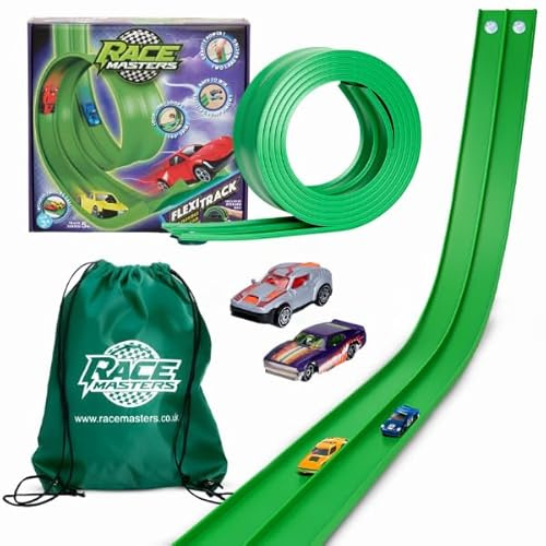 FlexiTrack – 4m Flexible Two-Lane Die-Cast Car Track Toy | Includes 2 Race Cars & Storage Bag | Mounts on Windows, Doors & Walls | STEM Toy for 3+ Year Old Kids | Tool-Free Setup | Made in the UK