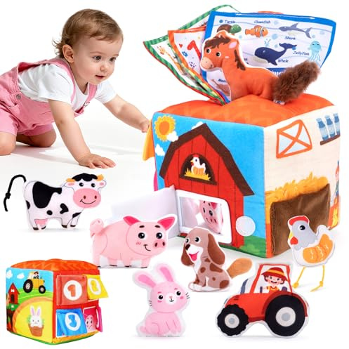 kidmance Jouet Montessori Bébé et Enfant Ferme Sensoriel en Coton - avec Hochet, Figurines d'animaux et Tissus - Éveil & Apaisant - Dès 6 Mois (6-24 Mois)