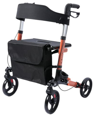 2 in 1 Wheelchair Rollator Foldable with Seat, Aluminum Outdoor Rollator with Seat Maximum Mobility & Comfort Outdoors Transport Chair with Mesh Bag,Orange