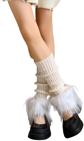 QUUPY Blanco de peluche falso corte de punto calientadores de piernas bota cubre Lolita invierno calcetines largos cálidos puño de bota fuzzy para trajes de fiesta 30 x 7 cm