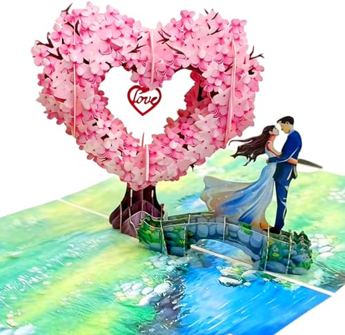 kinoco carte de mariage Carte Amour Félicitations Mariage Anniversaire Carte Pop Up 3D Romantique, Arbre de Cerisier en Fleurs, pour Mariage, Saint Valentin, Anniversaire (Type de coeur rose)