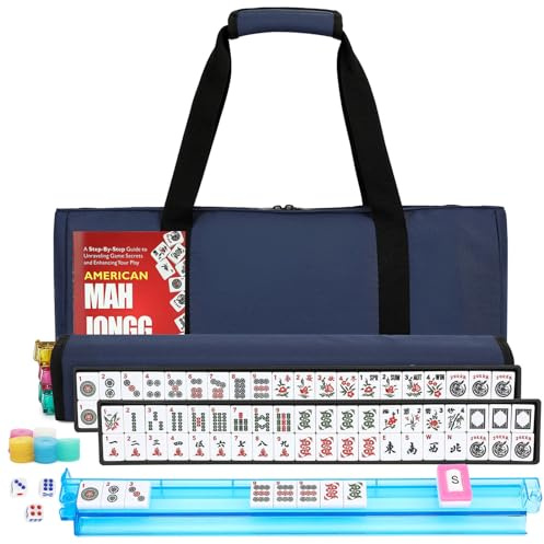 Marllifenney American Mahjong Tile Set,166 White Tiles Mahjong Set,4 Colors Mahjong Racks,Travel Mahjong Set with Blue Carrying Bag