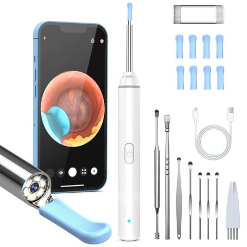 AZHE Pulizia Orecchie Otoscopio, 1920P HD Pulisci Orecchie con 6 LED, 3.5mm Pulitore Orecchie, Pulisci Orecchie per iPhone, iPad e Smartphone Android, Bianco