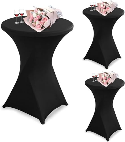 HOCHASOIN 3 Piezas Fundas elásticas para Mesa de Bar - Mantel Redondo de Cóctel para Mesa Alta, Boda y Banquete - Extraíble, Lavable con Bolsillo Antideslizante, Negro, Ø60-85cm