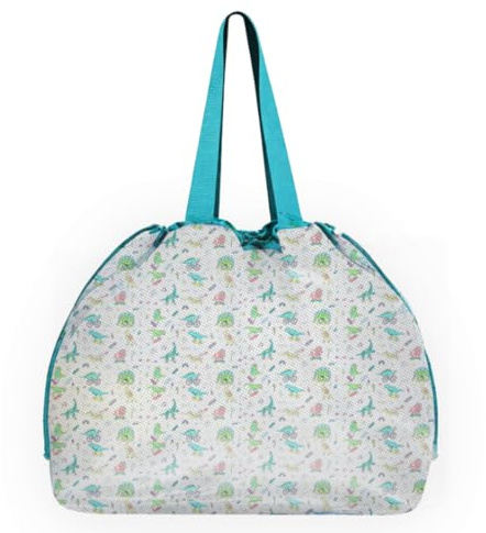 Sandleksak väska XXL, nätficka för strandleksak med dinosauriemönster, nätstrandväska med dragsko och innerficka, förvaringsväska för sandleksaker, vikbar strandväska för familj
