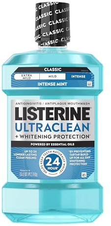 Listerine Ultraclean Intense Antiseptic Mouthwash + Whitening Protection*, Everfresh Technology to Help Fight Bad Breath, Gingivitis, & Plaque, Tartar Control Oral Rinse, Intense Mint, 1.5 L