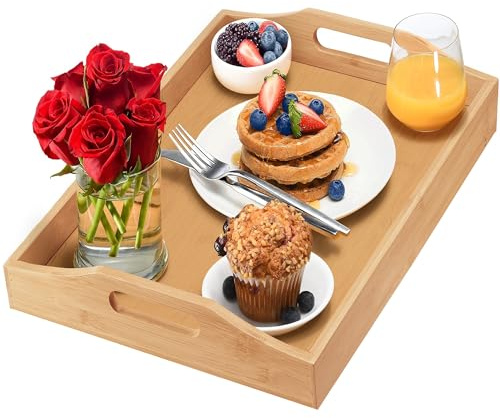 Tray with Large Handles - Bamboo Ottoman Tray, Great for Coffee Table, Couch, Tea, Bar, Breakfast, Dinner, or Any Food - Good for Parties or Bed for Eating (Home It)