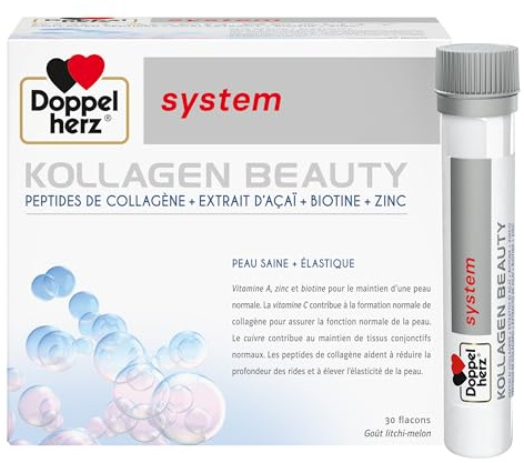 Doppelherz – Kollagen Beauty – Peptides de collagène pour une peau saine et plus élastique – Extrait d'Açaï, Biotine et Zinc – Goût litchi-melon – 30 flacons de 25ml