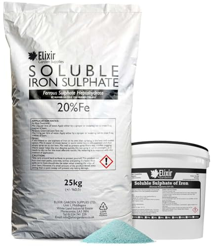 Elixir Gardens Soluble Sulphate of Iron 20% Fe Fertiliser | Lawn & Turf Treatment/Grass Green-Up | 500g-25kg Weights Available in Bags & Tubs | 5kg Bag | Makes up to 400 Litres of Liquid Feed