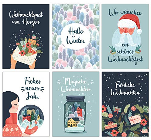 Papierdrachen Cartes de Noël – 12 cartes postales réalisées avec amour pour Noël, impression artistique à envoyer, décorer des paquets – cartes de vœux de Noël – Set de 17 cartes avec des globes de