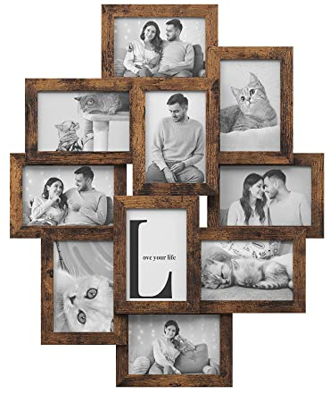 SONGMICS Bilderrahmen-Collage, 10 Fotorahmen für 10 x 15 cm Bilder, Fotocollage, Wandcollage, Multi-Rahmen, Wanddeko, vintagebraun RPF020X01