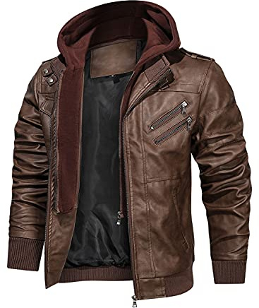 HOOD CREW Giubbotto da moto in ecopelle con cappuccio rimovibile per uomo, marrone, XXXL