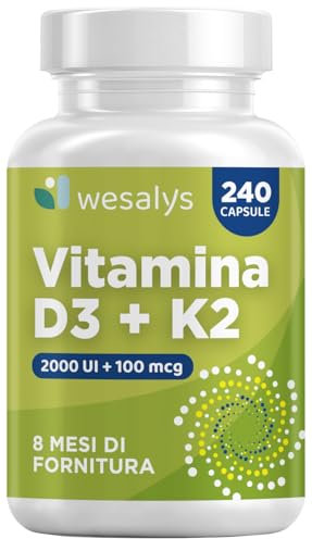 Vitamina D3 K2 240 Capsule (8 Mesi), Vitamin D3 2000 UI + 100 µg Vitamina K, Supporta Ossa, Articolazioni e Sistema Immunitario, Vit Menachinone