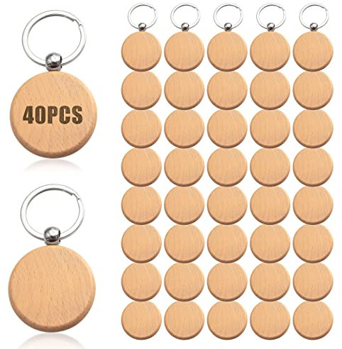 40 Pièces Porte-Clés en Bois,Bricolage Vierge Porte Clés Bois,Étiquettes pour Femmes Hommes DIY Cadeau