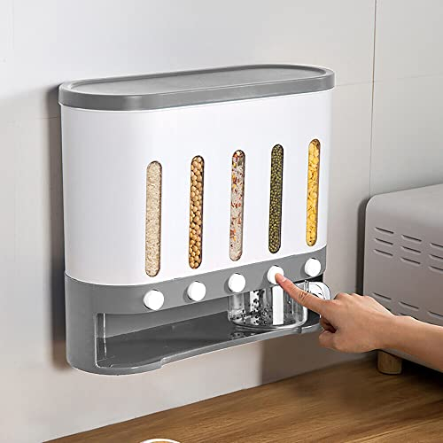 awolsrgiop Wandmontage Getreidespender, 5-in-1 Müslispender Cereal Dispenser Küche Geteilte Trockenfutterbehälter Lagerung Getreidedosen, Getreidespender Set für Körner Nüsse Kaffeebohnen Sojabohnen
