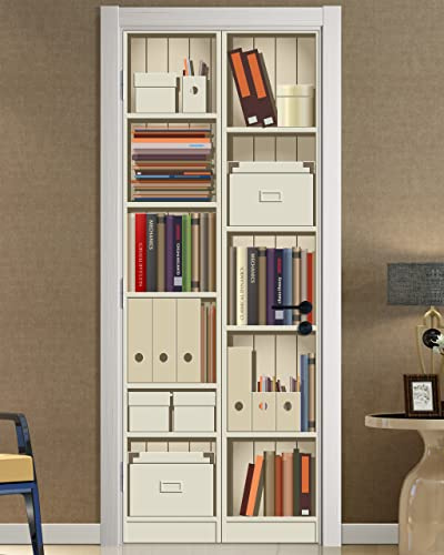 FLFK Door Mural Sticker - White Bookcase,Peel and Stick,Combined Size 32x80,Split into 2 Pieces
