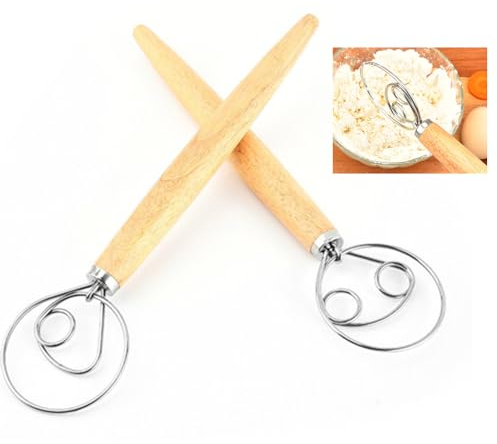 CAASFOOY 2 Pezzi Fruste da cucina per impasto, in acciaio inox e legno danese, frullatore artigianale in stile olandese per pane, pastella, torta, Impasto pasticceria e altro ancora, Frusta Danese