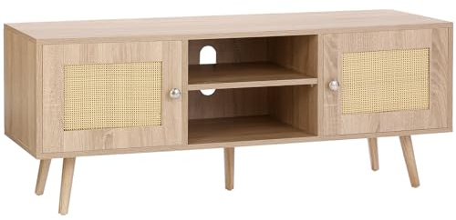 VEVOR Rattan-TV-Ständer, Fernsehschrank Boho-TV-Schrank für 140 cm Fernseher, Retro-TV-Ständer, Rattan-TV-Konsole mit verstellbaren Regalen & 2 Türen, für Wohnzimmer, Medienraum, Eiche
