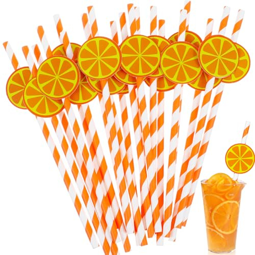 Giantree 50 pajitas de papel a rayas de limón, pajitas desechables para beber con temática de frutas, pajitas de papel decorativas para fiestas, otoño, boda, baby shower, suministros de fiesta de