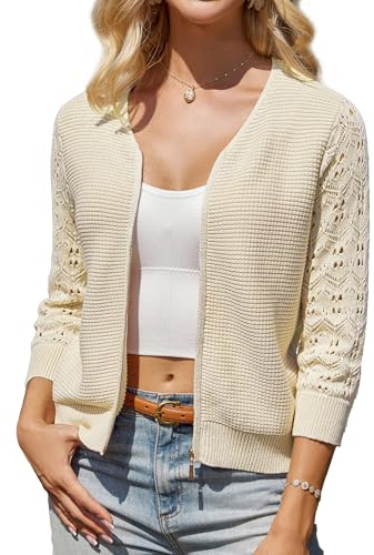 GRACE KARIN Cardigan pour femme été décontracté léger à manches 3/4 en tricot avec découpes, abricot, L