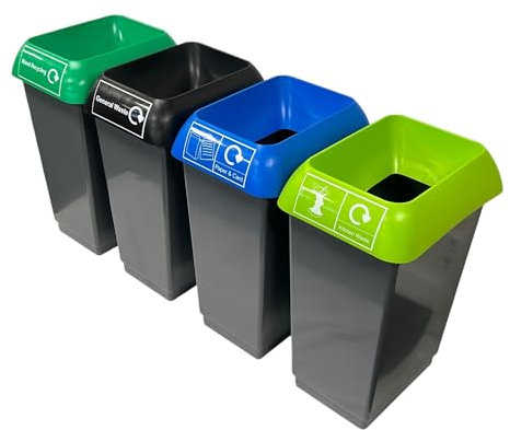 Chabrias Ltd Recycling Station 4 Set 50 Litre For Simpler Recycling – UK Made 100% Recycled Plastic Colour Coded 4 Waste Streams for Non-recyclable, Food Waste, Paper, Plastic, Metal & Glass