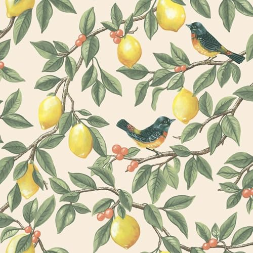 Lemon Leaf Trail Cream Orange Wallpaper - Botanical Birds Berries - Traditional Balanced - Paste The Paper