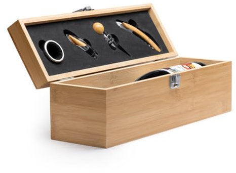 Cofanetto Vino in Legno e Kit Accessori da Sommelier - Set Apribottiglie, Tagliacapsule, Tappo e Salva Goccia in Acciaio Inox - Elegante Porta Vini - Idea Regalo Originale Compleanno, Uomo, Papà