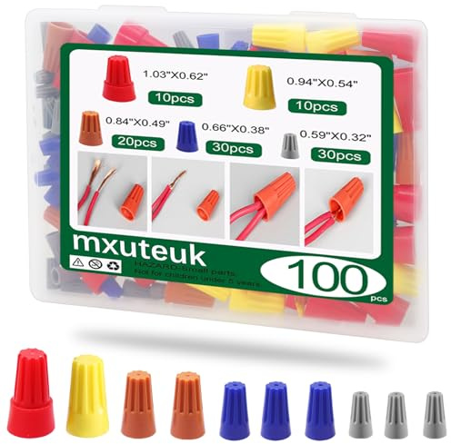 mxuteuk Juego de 100 tuercas de conector de alambre, conectores de cable eléctrico, terminales de tornillo pequeños, 22-10 AWG, tuercas giratorias aislantes con juego surtido de resortes, conexión