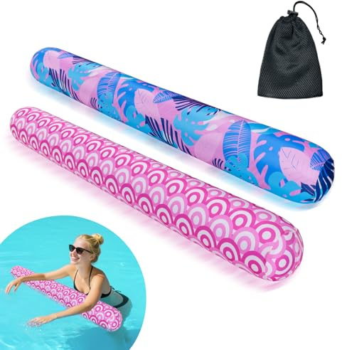 2 Pack Inflatable Swimming Pool Noodles, Quick Drying Soft Fabric Covered Pool Noodle Jumbo with Portable Storage Bag, Premium Buoyancy for Swim Pools Floats Party Toys Accessories