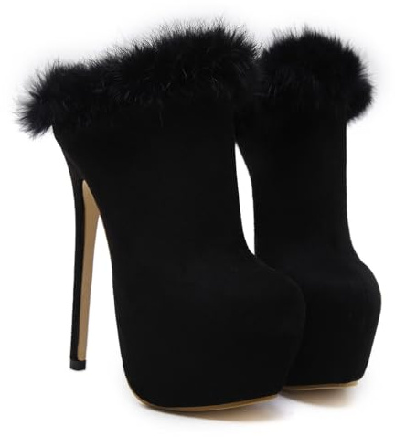 Mules à Plateforme et Bout Fermé pour Femmes, Bottines Classiques à Bout Rond et Talon Aiguille, Pantoufles Confortables en Fourrure Douce et Peluche à Talons Hauts pour Soirées