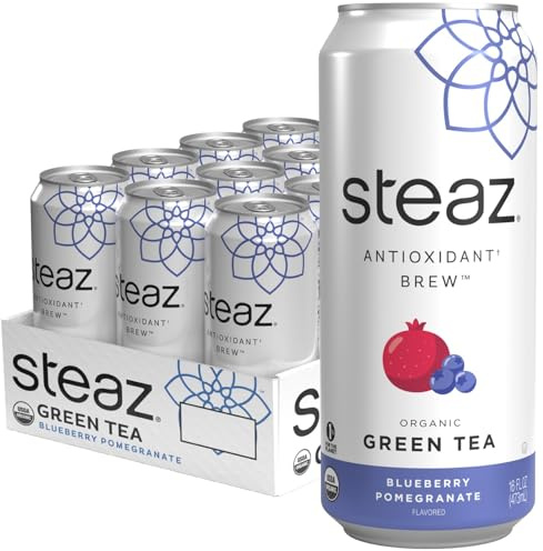 Steaz - Organic Green Tea - Blueberry Pomegranate (12 Pack) - Antioxidant Brew - 65mg Natural Caffeine, 90 Calories, Vitamin C - Cane Sugar Sweetened Iced Tea - Vegan - 12 Cans, 16 fl oz (473mL)