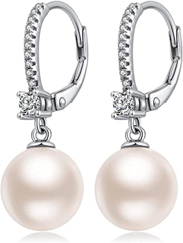 Orecchini Perle Donna in Argento Sterling 925 Orecchini a Perle Pendenti Ipoallergenici Bianco Perla Gioielli Regali da Donna Leverback 8 mm
