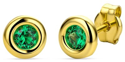 Orovi – Ohrringe rund aus 9 Karat Gelbgold (375) mit kreiertem Smaragd (0.22 ct) – Ohrstecker Gold Damen mit Solitaire Edelstein in edler Zargenfassung – Allergenfrei & handgemacht (5 x 5 mm)