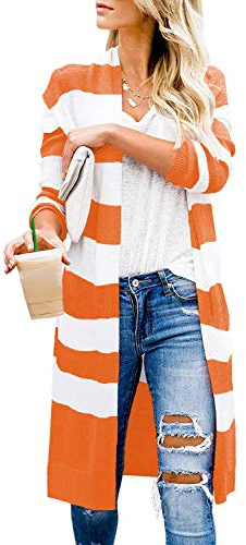 CARDYDONY Women Loose Maternity Cardigan Sweaters Outwear Coat Stripe Orange M