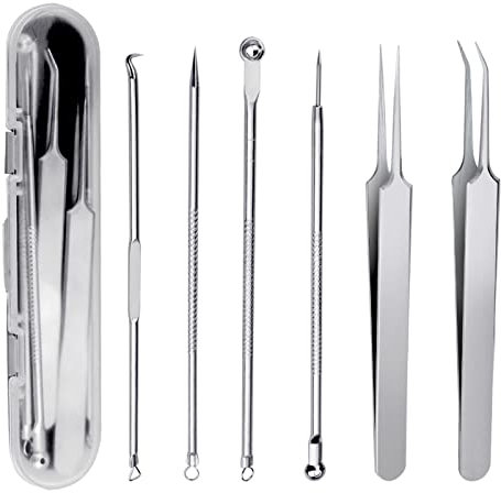 6 Pieces Blackhead Remover Tool Kit, Stainless Steel Comedone Extractor Tweezers Acne Needle Blemish Whitehead Removal Pimple Zit Spot Popper Patches for Nose Face Skin