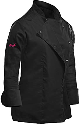 Veste de cuisine pour femmes Stretch Uniforme professionnel de chef cuisinier avec boutons sur le devant Manche long - Noir - Taille L